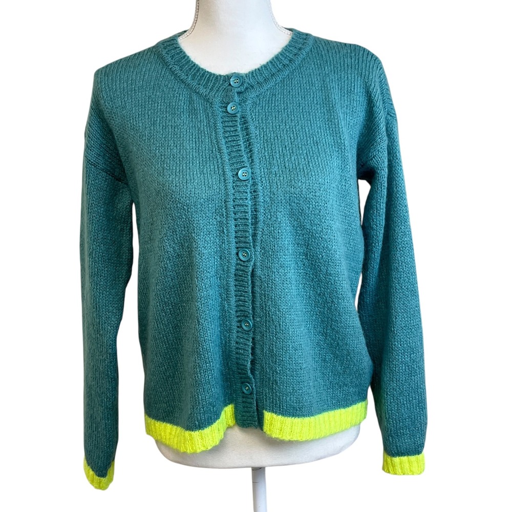 DR BLOOM Teal Mohair Blend Cardigan Sweater Sz S M Feminine Cottage Girly - Picture 2 of 14